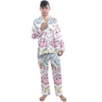 Cute Doodle Cartoon Seamless Pattern Men s Long Sleeve Satin Pajamas Set