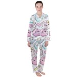 Cute Doodle Cartoon Seamless Pattern Women s Long Sleeve Satin Pajamas Set	