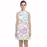 Cute Doodle Cartoon Seamless Pattern Velvet Halter Neckline Dress 