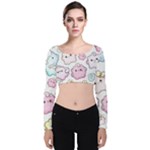 Cute Doodle Cartoon Seamless Pattern Velvet Long Sleeve Crop Top