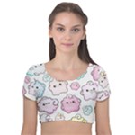 Cute Doodle Cartoon Seamless Pattern Velvet Short Sleeve Crop Top 