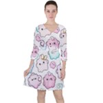 Cute Doodle Cartoon Seamless Pattern Quarter Sleeve Ruffle Waist Dress