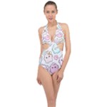 Cute Doodle Cartoon Seamless Pattern Halter Front Plunge Swimsuit