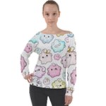 Cute Doodle Cartoon Seamless Pattern Off Shoulder Long Sleeve Velour Top
