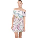 Cute Doodle Cartoon Seamless Pattern Off Shoulder Chiffon Dress