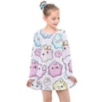 Cute Doodle Cartoon Seamless Pattern Kids  Long Sleeve Dress
