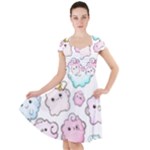 Cute Doodle Cartoon Seamless Pattern Cap Sleeve Midi Dress
