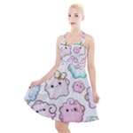 Cute Doodle Cartoon Seamless Pattern Halter Party Swing Dress 
