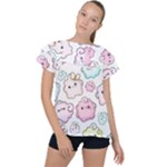 Cute Doodle Cartoon Seamless Pattern Ruffle Collar Chiffon Blouse