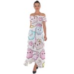 Cute Doodle Cartoon Seamless Pattern Off Shoulder Open Front Chiffon Dress