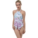 Cute Doodle Cartoon Seamless Pattern Go with the Flow One Piece Swimsuit