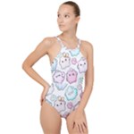 Cute Doodle Cartoon Seamless Pattern High Neck One Piece Swimsuit