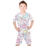 Cute Doodle Cartoon Seamless Pattern Kids  T-Shirt and Shorts Set