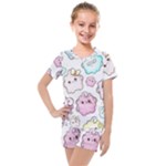 Cute Doodle Cartoon Seamless Pattern Kids  Mesh T-Shirt and Shorts Set