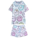 Cute Doodle Cartoon Seamless Pattern Kids  Swim T-Shirt and Shorts Set