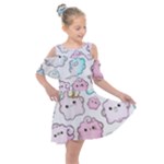 Cute Doodle Cartoon Seamless Pattern Kids  Shoulder Cutout Chiffon Dress