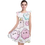 Cute Doodle Cartoon Seamless Pattern Tie Up Tunic Dress