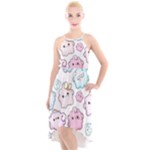 Cute Doodle Cartoon Seamless Pattern High-Low Halter Chiffon Dress 