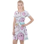 Cute Doodle Cartoon Seamless Pattern Cap Sleeve Velour Dress 