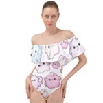 Cute Doodle Cartoon Seamless Pattern Off Shoulder Velour Bodysuit 