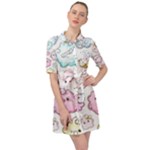 Cute Doodle Cartoon Seamless Pattern Belted Shirt Dress