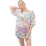 Cute Doodle Cartoon Seamless Pattern Oversized Chiffon Top