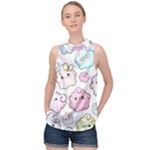Cute Doodle Cartoon Seamless Pattern High Neck Satin Top