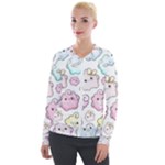 Cute Doodle Cartoon Seamless Pattern Velvet Zip Up Jacket
