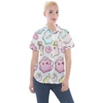 Cute Doodle Cartoon Seamless Pattern Women s Short Sleeve Pocket Shirt