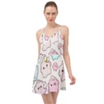 Cute Doodle Cartoon Seamless Pattern Summer Time Chiffon Dress
