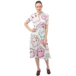 Cute Doodle Cartoon Seamless Pattern Keyhole Neckline Chiffon Dress