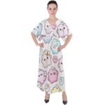 Cute Doodle Cartoon Seamless Pattern V-Neck Boho Style Maxi Dress