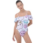 Cute Doodle Cartoon Seamless Pattern Frill Detail One Piece Swimsuit