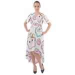 Cute Doodle Cartoon Seamless Pattern Front Wrap High Low Dress