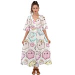 Cute Doodle Cartoon Seamless Pattern Kimono Sleeve Boho Dress