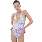 Cute Doodle Cartoon Seamless Pattern Backless Halter One Piece Swimsuit