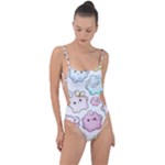 Cute Doodle Cartoon Seamless Pattern Tie Strap One Piece Swimsuit
