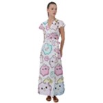 Cute Doodle Cartoon Seamless Pattern Flutter Sleeve Maxi Dress