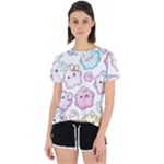 Cute Doodle Cartoon Seamless Pattern Open Back Sport T-Shirt