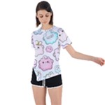 Cute Doodle Cartoon Seamless Pattern Asymmetrical Short Sleeve Sports T-Shirt