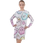 Cute Doodle Cartoon Seamless Pattern Long Sleeve Hoodie Dress