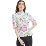 Cute Doodle Cartoon Seamless Pattern Frill Neck Blouse