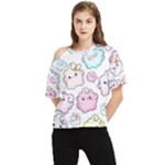 Cute Doodle Cartoon Seamless Pattern One Shoulder Cut Out T-Shirt