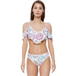 Cute Doodle Cartoon Seamless Pattern Ruffle Edge Tie Up Bikini Set	