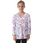 Cute Doodle Cartoon Seamless Pattern Kids  V Neck Casual Top