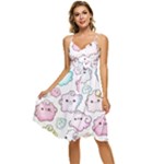 Cute Doodle Cartoon Seamless Pattern Sleeveless Tie Front Chiffon Dress