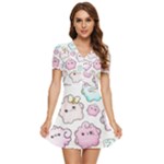 Cute Doodle Cartoon Seamless Pattern V-Neck High Waist Chiffon Mini Dress