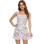 Cute Doodle Cartoon Seamless Pattern Ruffle Edge Bra Cup Chiffon Mini Dress