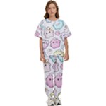 Cute Doodle Cartoon Seamless Pattern Kids  T-Shirt and Pants Sports Set