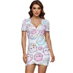 Cute Doodle Cartoon Seamless Pattern Low Cut Cap Sleeve Mini Dress